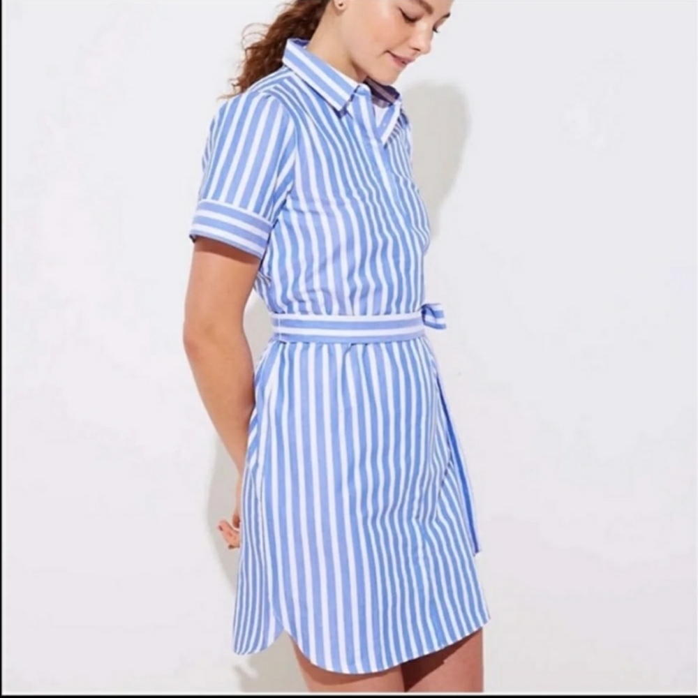 Loft blue and white button down waist tie short sleeve shirt dress. Sz Medium